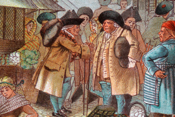 ilustrações de stock, clip art, desenhos animados e ícones de group of men meeting on market day, scottish 18th century style - market european culture caucasian stock market