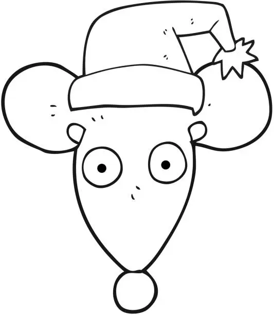 Vector illustration of freehand drawn black and white cartoon mouse in christmas hat