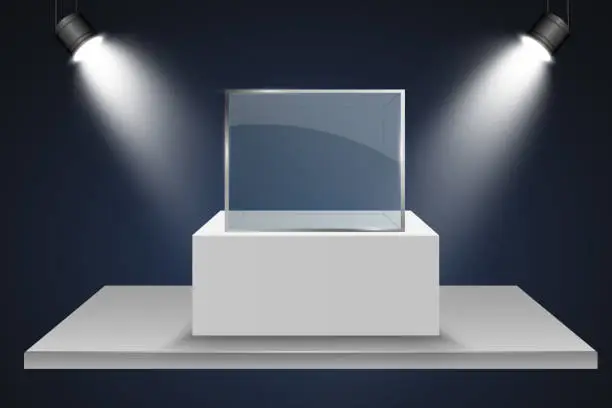 Vector illustration of Glass showcase for the exhibition in the form of a cube. Background for sale illuminated by spotlights. Museum glass box isolated advertising or business design boutique. Exhibition hall.