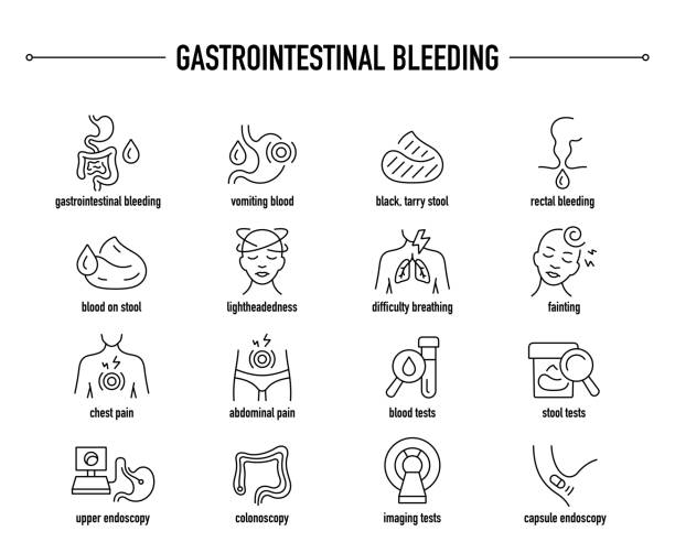 Gastrointestinal Bleeding vector icon set. Line editable medical icons. Gastrointestinal Bleeding symptoms, diagnostic and treatment vector icons blood and guts stock illustrations