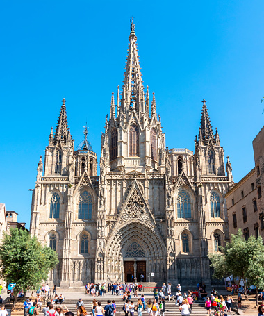 Barcelona, Spain - June 2019: Cathedral of Holy Cross and Saint Eulalia in Gothic quarter