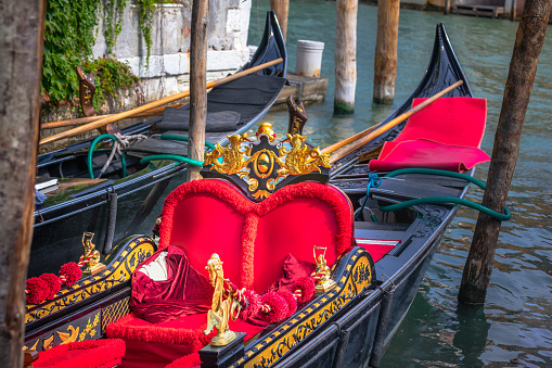 Detail of gondola interior on the Grand Canal at Venice, Italy