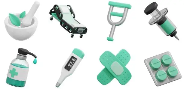 Photo of 3D Medical Icons Set Leg Crutches Bandage Mortar and Pestle Syringe Thermometer Pills Hand Sanitizer Treatment First Aid Pharmacy Medicine UX UI Web Design Elements 3d rendering illustration
