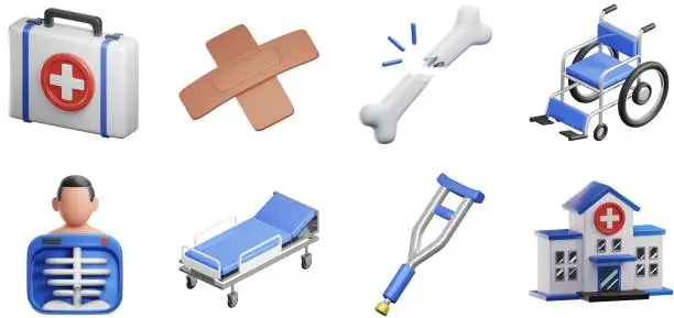Photo of 3D Medical Icons Set First Aid Kit Broken Bone Bandage Hospital Bed Wheelchair Leg Crutches Pharmacy Medical Treatment UX UI Web Design Elements 3d rendering illustration