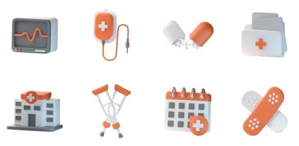 Photo of 3D Medical Icons Set Electrocardiogram Pills Leg Crutches Bandage Hospital Doctor Appointment Infusion Bag First Aid Pharmacy Medicine UX UI Web Design Elements 3d rendering illustration