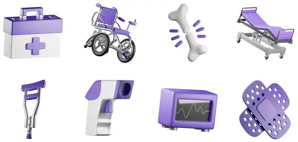 Photo of 3D Medical Icons Set First Aid Kit Leg Crutches Bandage Wheelchair Hospital Bed Broken Bone Forehead Thermometer Electrocardiogram Pharmacy UX UI Web Design Elements 3d rendering illustration