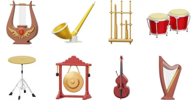 3D Musical Instruments Set Alphorn Cymbal Contrabass Lyre Gong Angklung Harp Drums Orchestra Songs Music Melody Symphony UX Ul icons Web Design Elements 3d rendering Illustration