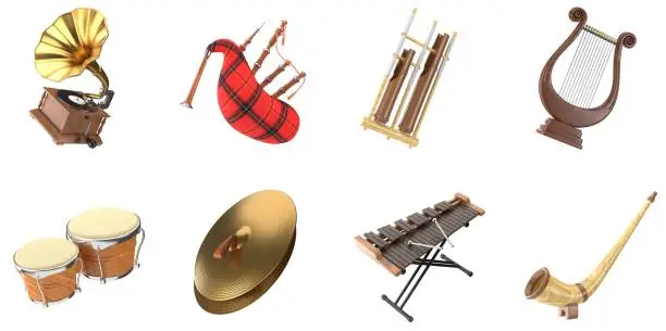 3D Musical Instruments Set Xylophone Bagpipe Cymbal Gramophone Lyre Alphorn Bongo Drums Angklung Orchestra Songs Music Symphony UX Ul icons Web Design Elements 3d rendering Illustration