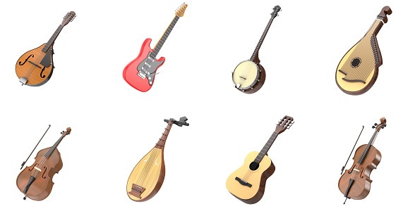 3D Musical Instruments Set Classic Guitar Violin Contrabass Cello Biwa Mandolin Banjo Orchestra Songs Music Symphony UX Ul icons Web Design Elements 3d rendering Illustration