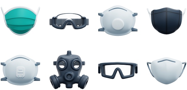 3D Protective Masks Set Safety Glasses Gas Mask Medical Masks N-95 Cloth Mask FFP2 Mask Virus Toxic Gases UI UX Web Design Elements 3d rendering illustration