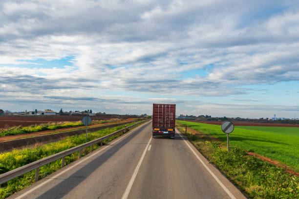 istock Truck with a container circulating on a conventional road next to cultivated fields. Rear view. 1476307014