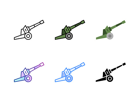 Artillery cannon icon. 6 Different styles. Editable stroke. Vector illustration.