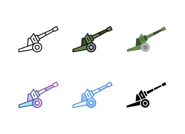 Vector illustration of Artillery cannon icon. 6 Different styles. Editable stroke.