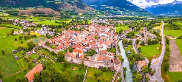 Fortified village of Glorenza or Glurns in Val Venosta aerial panoramic view. Idyllic Alpine landscape in Trentino region of Italy.