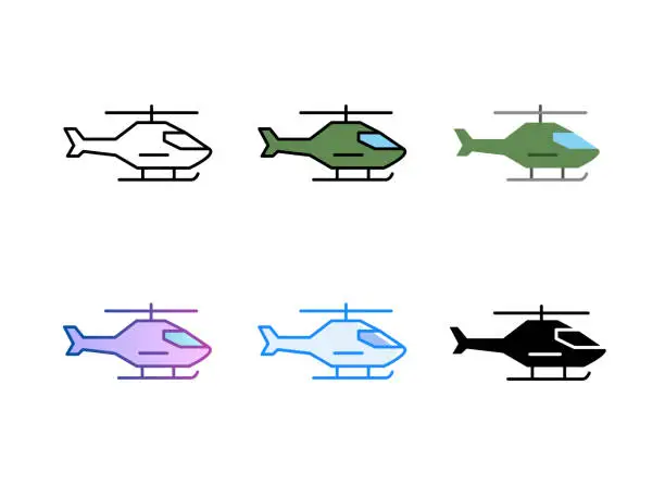 Vector illustration of Military helicopter icon. 6 Different styles. Editable stroke.