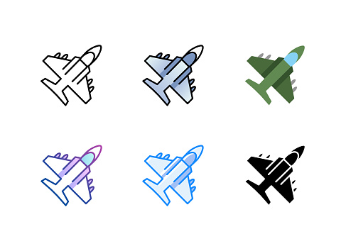 Fighter plane icon. 6 Different styles. Editable stroke. Vector illustration.