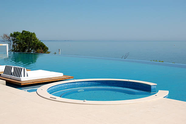 istock Infinity swimming pool with hot tub by beach 147630882