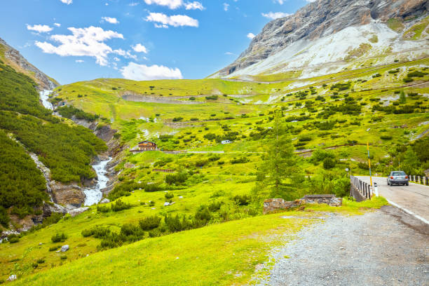 Stelvio mountain pass or Stilfser Joch scenic road view, border of Italy and Switzerland