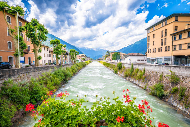 istock Town of Tirano and Adda river waterfront view 1476309004