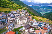 Stelvio village or Stilfs in Dolomites Alps aerial view