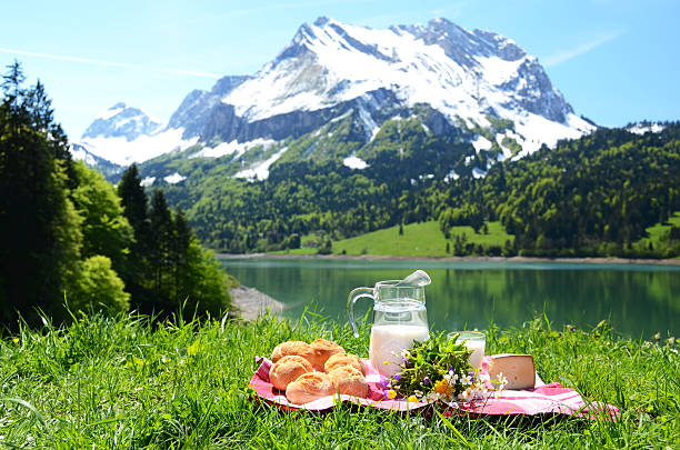 leche, quesos y panes que se sirve en un picnic - milk european alps agriculture mountain fotografías e imágenes de stock