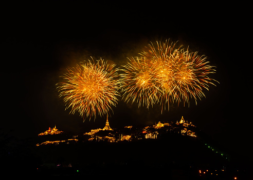 Scene of beautiful fireworks at Phra Nakorn Khiri (Khao Wang) annual festival, Petchaburi province, Thailand..