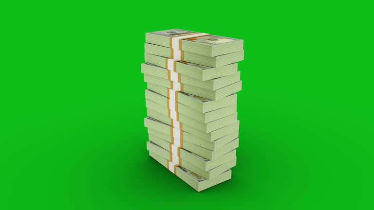 3d animation of stacks of 100 US dollar notes rising on greenscreen floor. You can Key out or remove background to replace with a custom one. 3d rendering