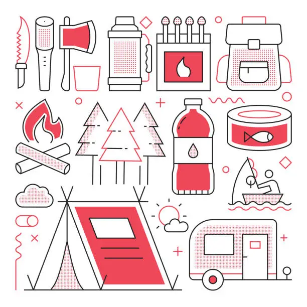 Vector illustration of CAMPING AND OUTDOOR RECREATION Web Banner with Linear Icons, Trendy Linear Style Vector