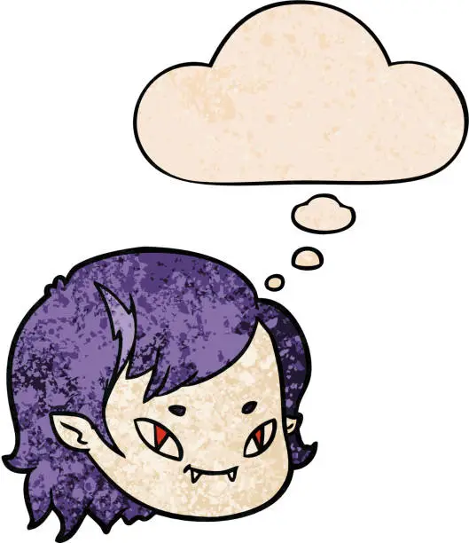 Vector illustration of cartoon vampire girl face with thought bubble in grunge texture style