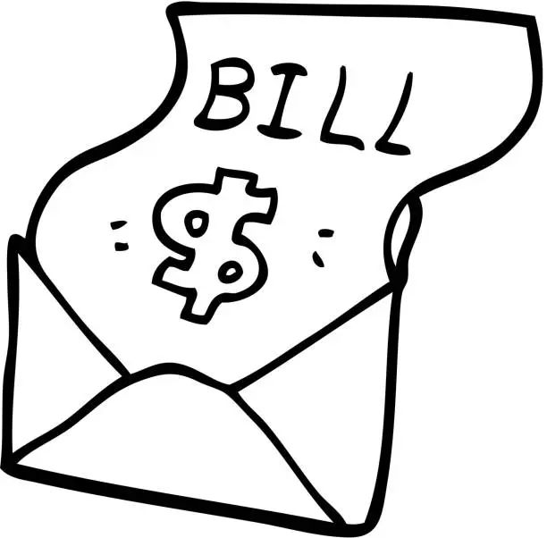 Vector illustration of line drawing cartoon bill in envelope