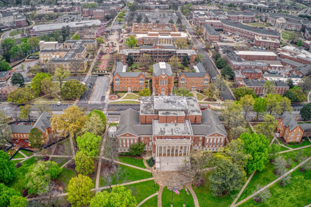 Aerial View of a large public University in Tuscaloosa, Alabama stock photo