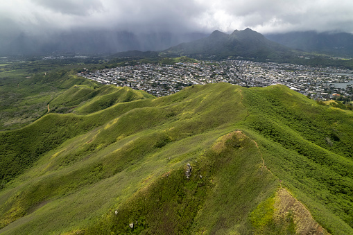 View of Lanikai Pillbox hiking trail. Lush mountains of Hawaii.