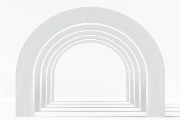 istock Empty corridor of several white round arches in perspective with white floor and shadows 1476342040