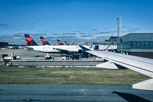 atlanta, united states - 26 october 2022: delta airlines planes at the hub airport of atlanta at the gates