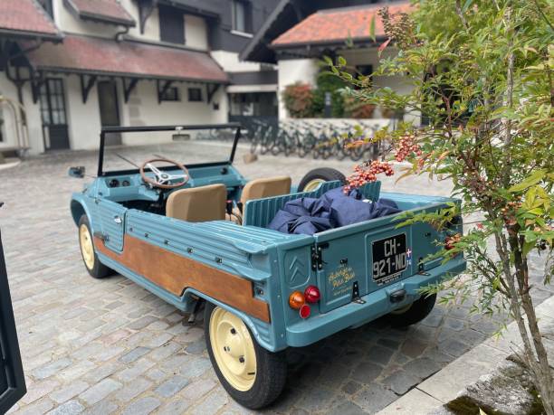 talloires, france - 15 September 2022: a vintage citroen mehari open car or convertible in blue is parked