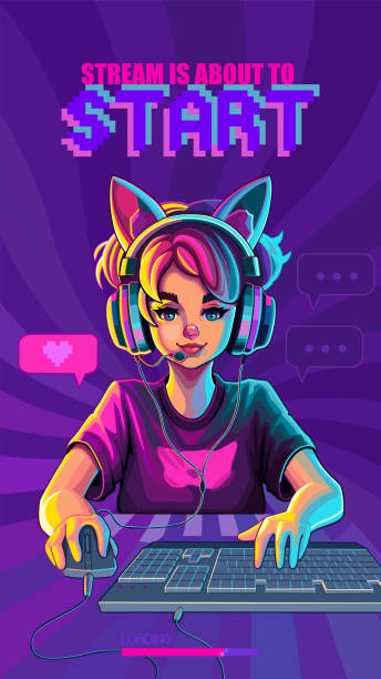 Girl gamer or streamer with cat ears headset sits in front of a computer Girl gamer or streamer with cat ears headset sits in front of a computer with her mouse and keyboard. Cartoon anime style. Vector character isolated on an absctract radiant background girls coding stock illustrations