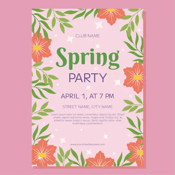 Vector illustration of Party poster template with pink flowers and green leaves framing a pink background with text Spring Party. Perfect for promoting springtime events and celebrations, this  format will catch the eye and add a touch of elegance to your designs.