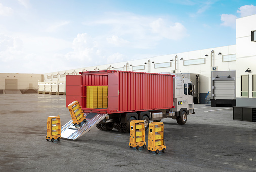 3d rendering logistic trailer truck or lorry with robots load cardboard boxes