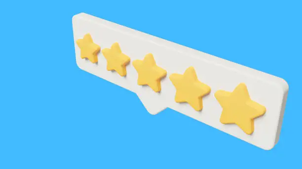 Photo of sign with yellow rating stars, blue background, 3d rendering