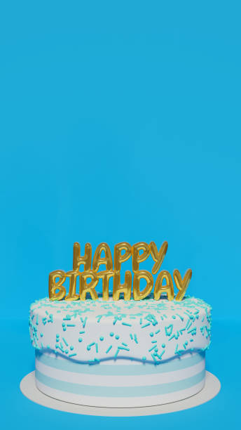 istock birthday cake with golden happy birthday text on light blue background, congratulations theme, 3d rendering, vertical position 1476344240