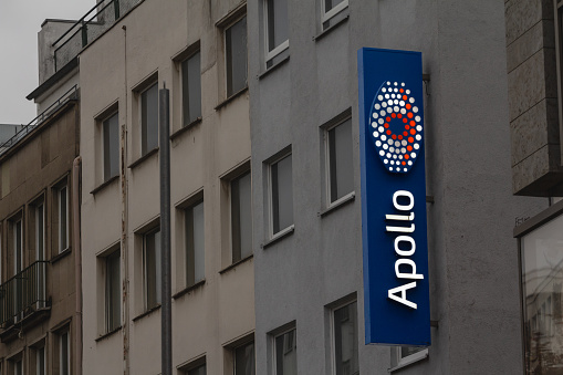 Picture of a sign with the logo of Apollo Optik in Cologne, Germany. Apollo-Optik is a German optics company focusing on retail eyewear. It was founded 1972 in Schwabach and is operating in 40 countries. It is the biggest optics company in Europe