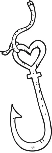 Vector illustration of freehand drawn black and white cartoon love heart fish hook