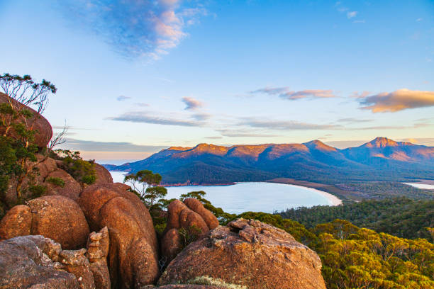 Mountain view overlooking bay of water in Tasmania stock photo