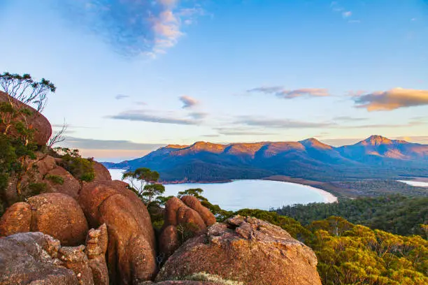 Mountain view overlooking bay of water in Tasmania, Wine Glass Bay, Australia.