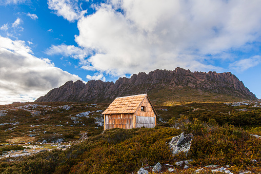 Wooden hut for shelter in cradle mountain landscape scene. Tasmania, Australia.