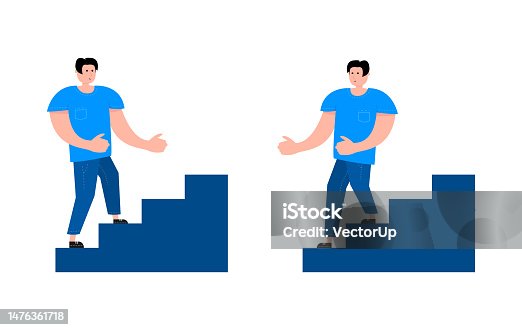 istock Man walking stairs, up and down movement. Emergency evacuation 1476361718