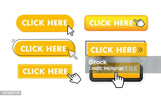 istock Set of click here button. Hand pointer clicking. Click here web buttons 1476361729