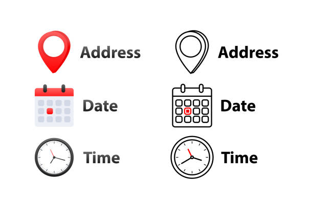 ilustrações, clipart, desenhos animados e ícones de ícones de endereço, data, hora. elementos do evento. local de localização, lembrete de data - dating