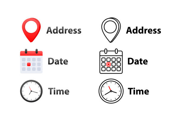 Address, date, time icons. Event elements. Location place, date reminder Address, date, time icons. Event elements. Location place date reminder Vector illustration Dating Sites stock illustrations
