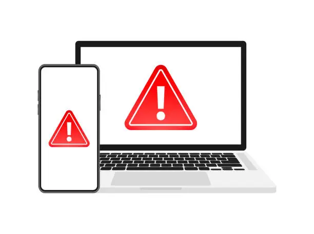 Vector illustration of Attention message, alert sign on laptop and smartphone screen. Danger error alerts